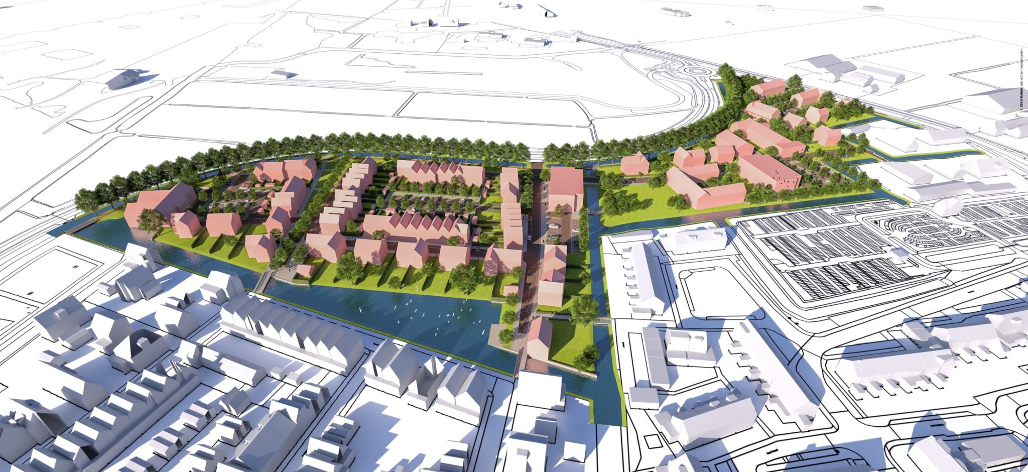 3D-visualisatie van een woonwijk met groen en waterpartijen – illustratie van Kubiek’s integrale aanpak in gebiedsontwikkeling.