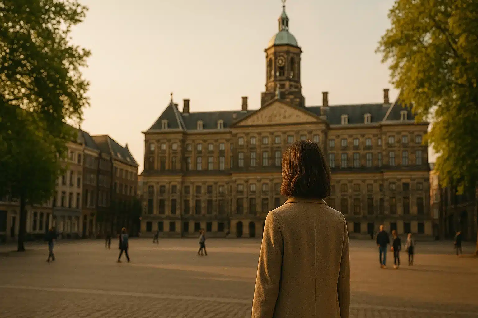 Beleidsadviseur kijkt naar een historisch stadhuis bij zonsopkomst, symbool voor bestuurlijke visie en gebiedsontwikkeling.