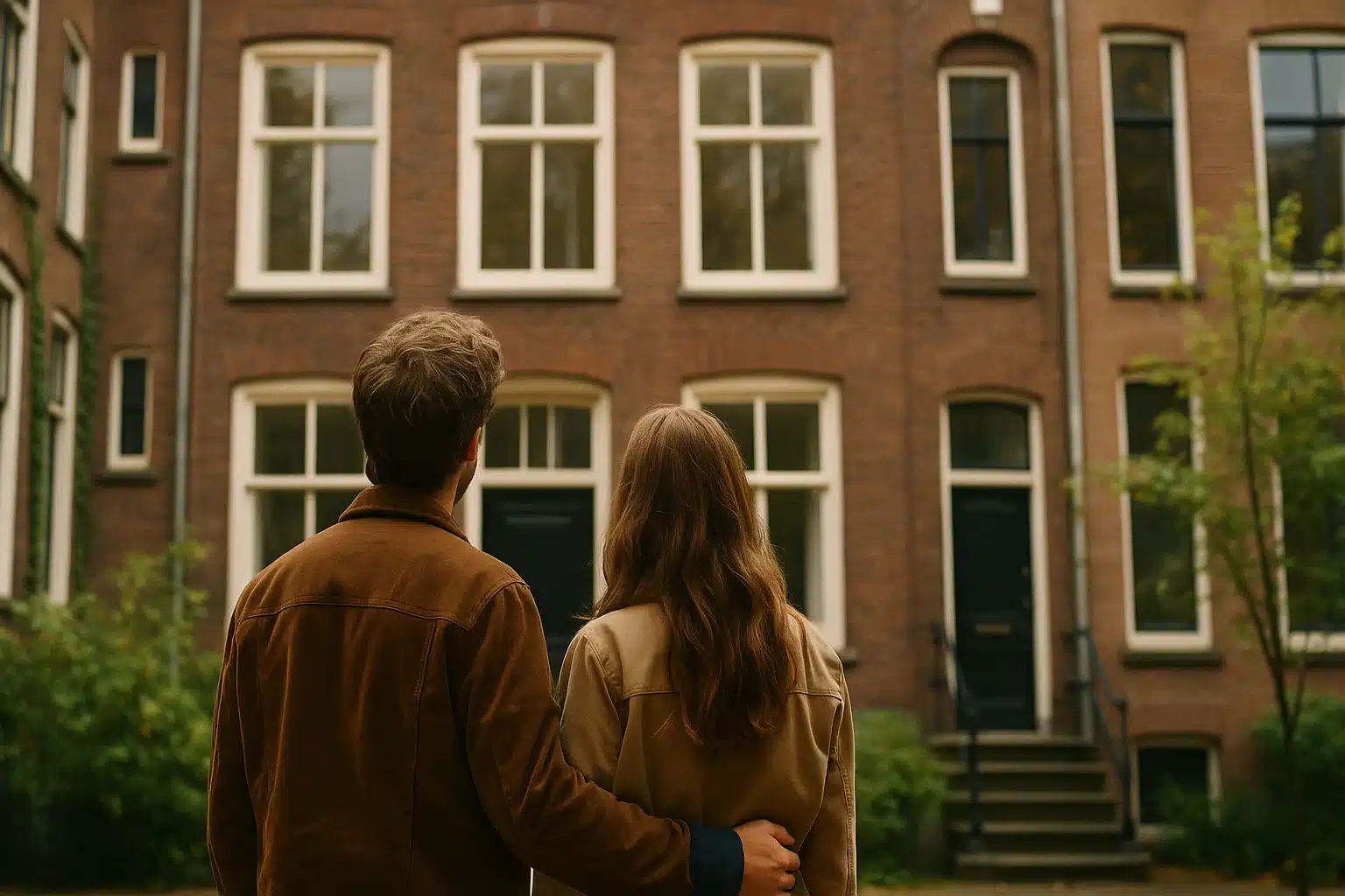 Koppel kijkt samen naar een karakteristiek woonhuis in de stad, symbool voor particuliere bouw- en verbouwplannen.